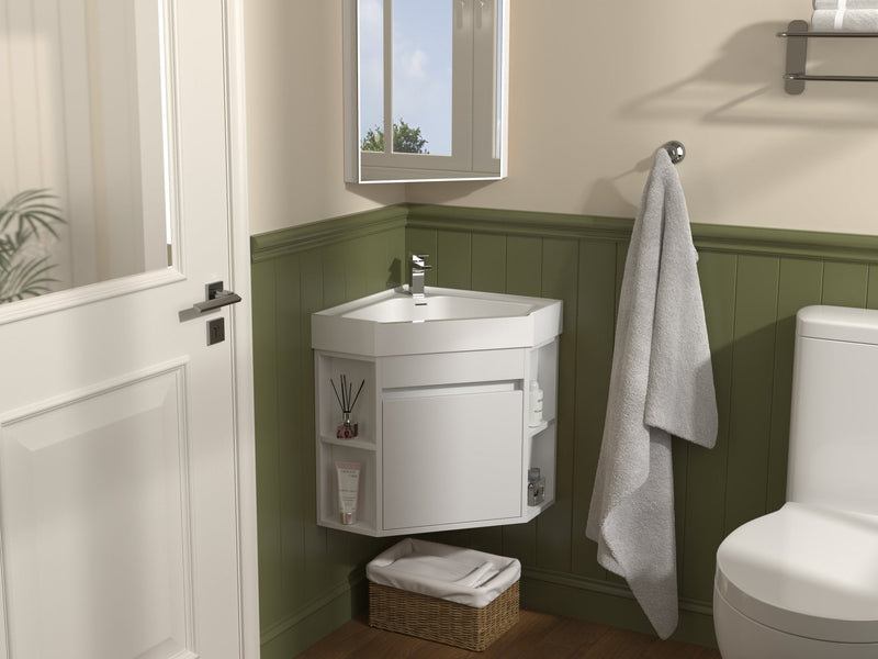 18 Inch White Trinsville Wall Mount Corner Bathroom Vanity with Matte Solid Surface Tennant Brand Bathroom Vanities