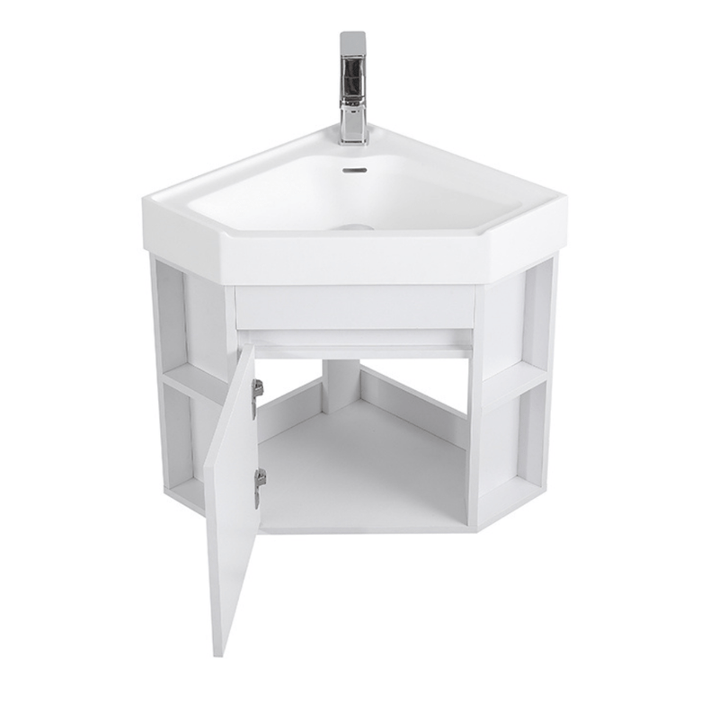 18 Inch White Trinsville Wall Mount Corner Bathroom Vanity with Matte Solid Surface Tennant Brand Bathroom Vanities