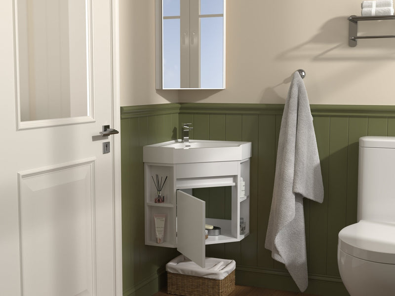 18 Inch White Trinsville Wall Mount Corner Bathroom Vanity with Matte Solid Surface Tennant Brand Bathroom Vanities