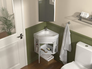 18 Inch White Trinsville Wall Mount Corner Bathroom Vanity with Matte Solid Surface Tennant Brand Bathroom Vanities