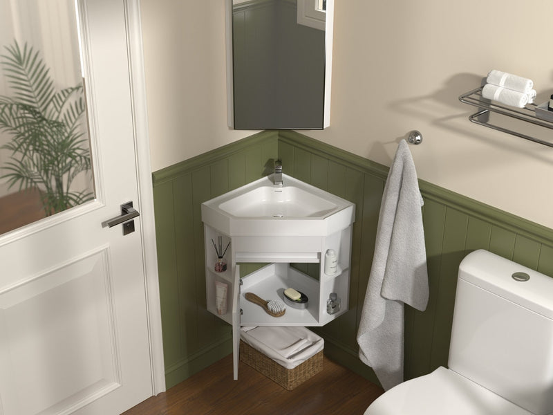 18 Inch White Trinsville Wall Mount Corner Bathroom Vanity with Matte Solid Surface Tennant Brand Bathroom Vanities
