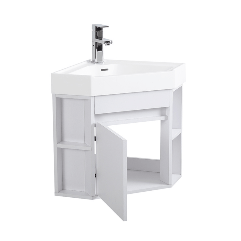 18 Inch White Trinsville Wall Mount Corner Bathroom Vanity with Matte Solid Surface Tennant Brand Bathroom Vanities