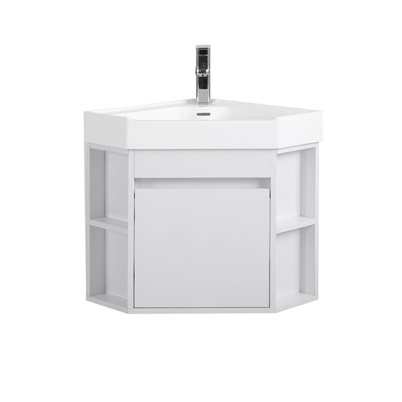 18 Inch White Trinsville Wall Mount Corner Bathroom Vanity with Matte Solid Surface Tennant Brand Bathroom Vanities