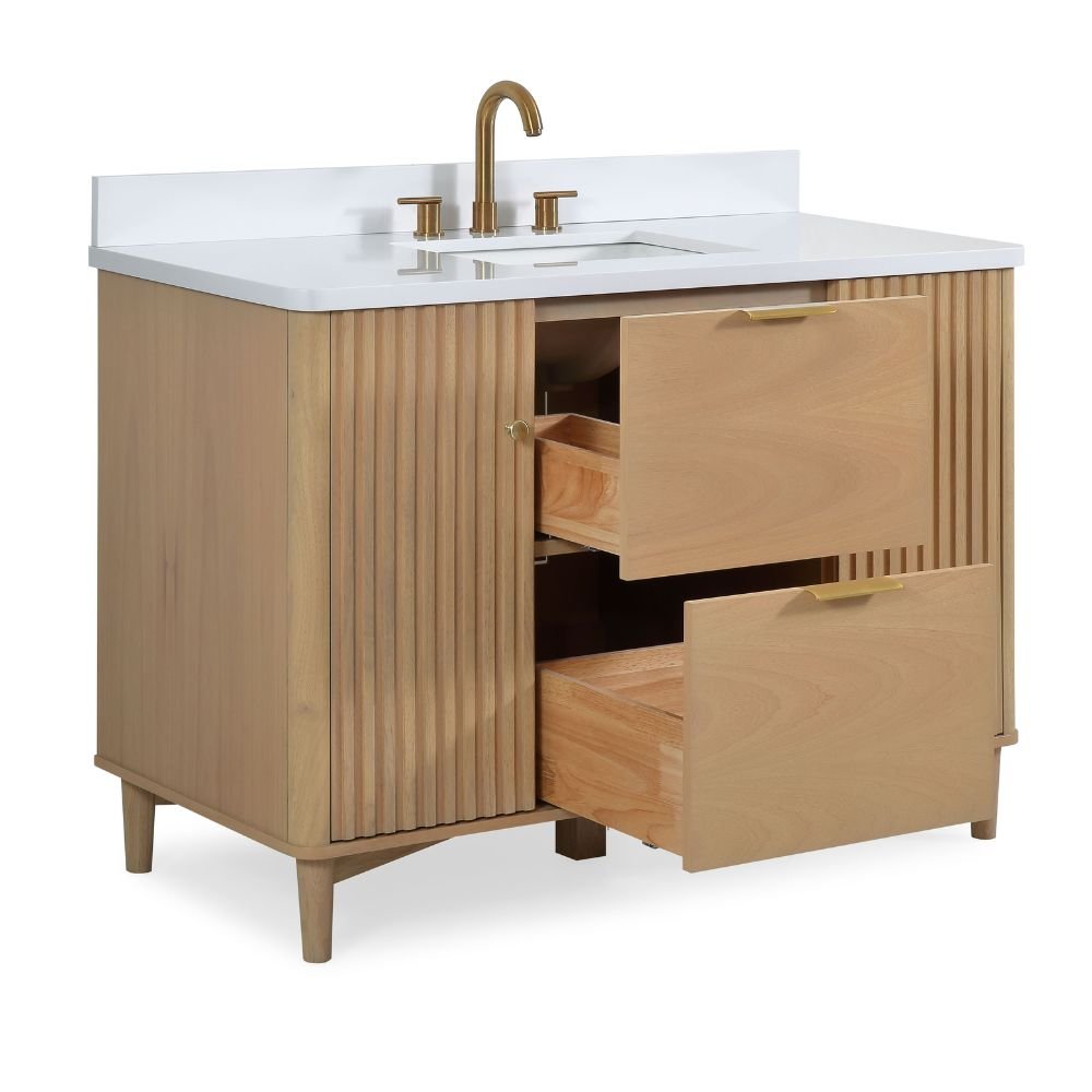 48 Inch Trendy Wood Finish Odelia Bathroom Vanity With White Quartz To ...