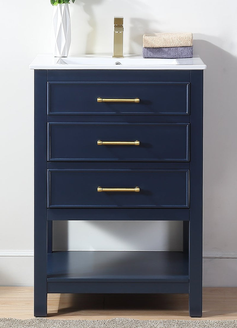 24 Inch Arruza Navy Blue Narrow Bathroom Vanity with 2 Drawers and Open Shelf Tennant Brand Bathroom Vanities