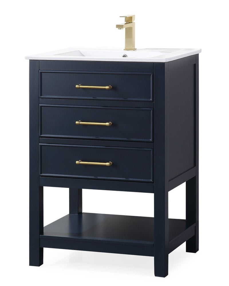 24 Inch Arruza Navy Blue Narrow Bathroom Vanity with 2 Drawers and Open Shelf Tennant Brand Bathroom Vanities