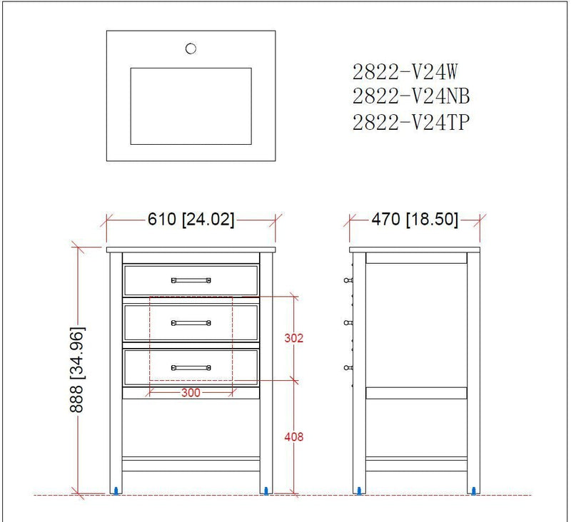 24 Inch Arruza Teal Blue Narrow Bathroom Vanity with 2 Drawers and Open Shelf Tennant Brand Bathroom Vanities