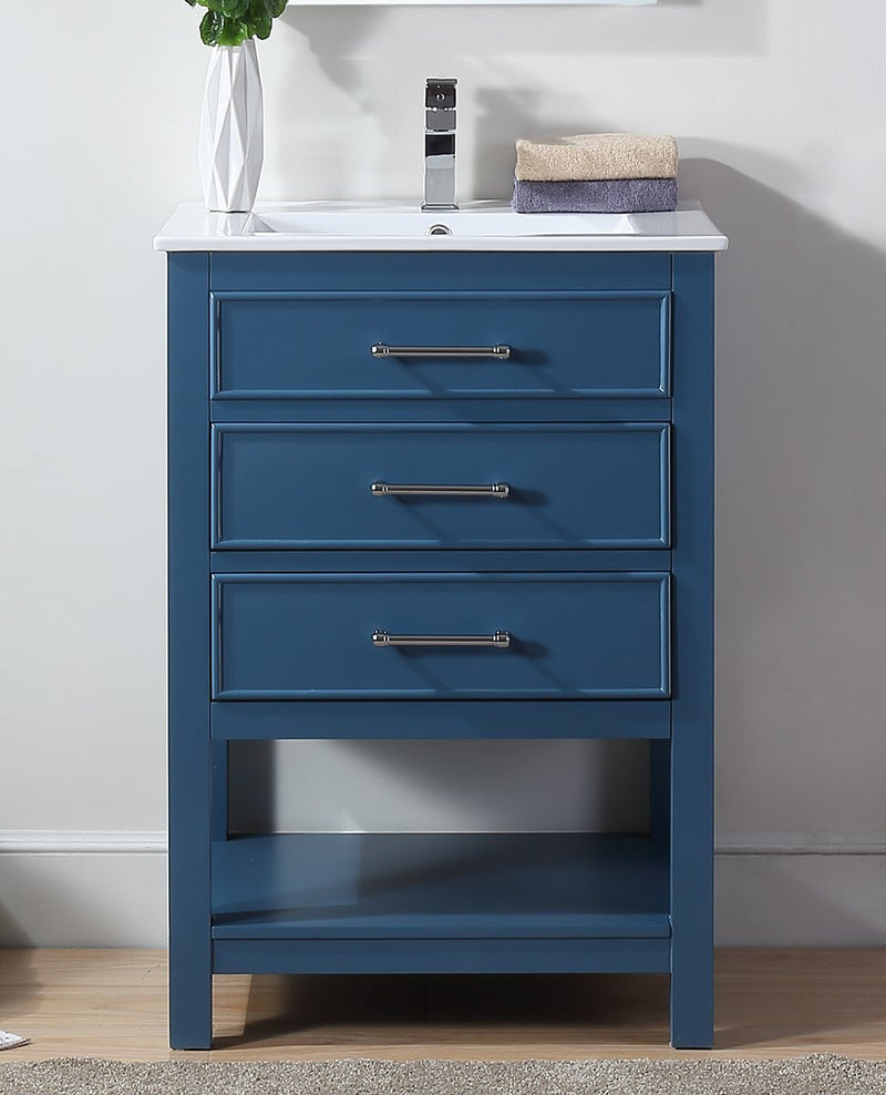 24 Inch Arruza Teal Blue Narrow Bathroom Vanity with 2 Drawers and Open Shelf Tennant Brand Bathroom Vanities