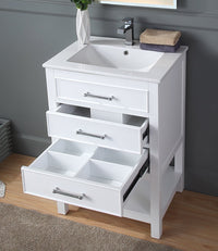 24 Inch Arruza White Narrow Bathroom Vanity with 2 Drawers and Open Shelf Tennant Brand Bathroom Vanities