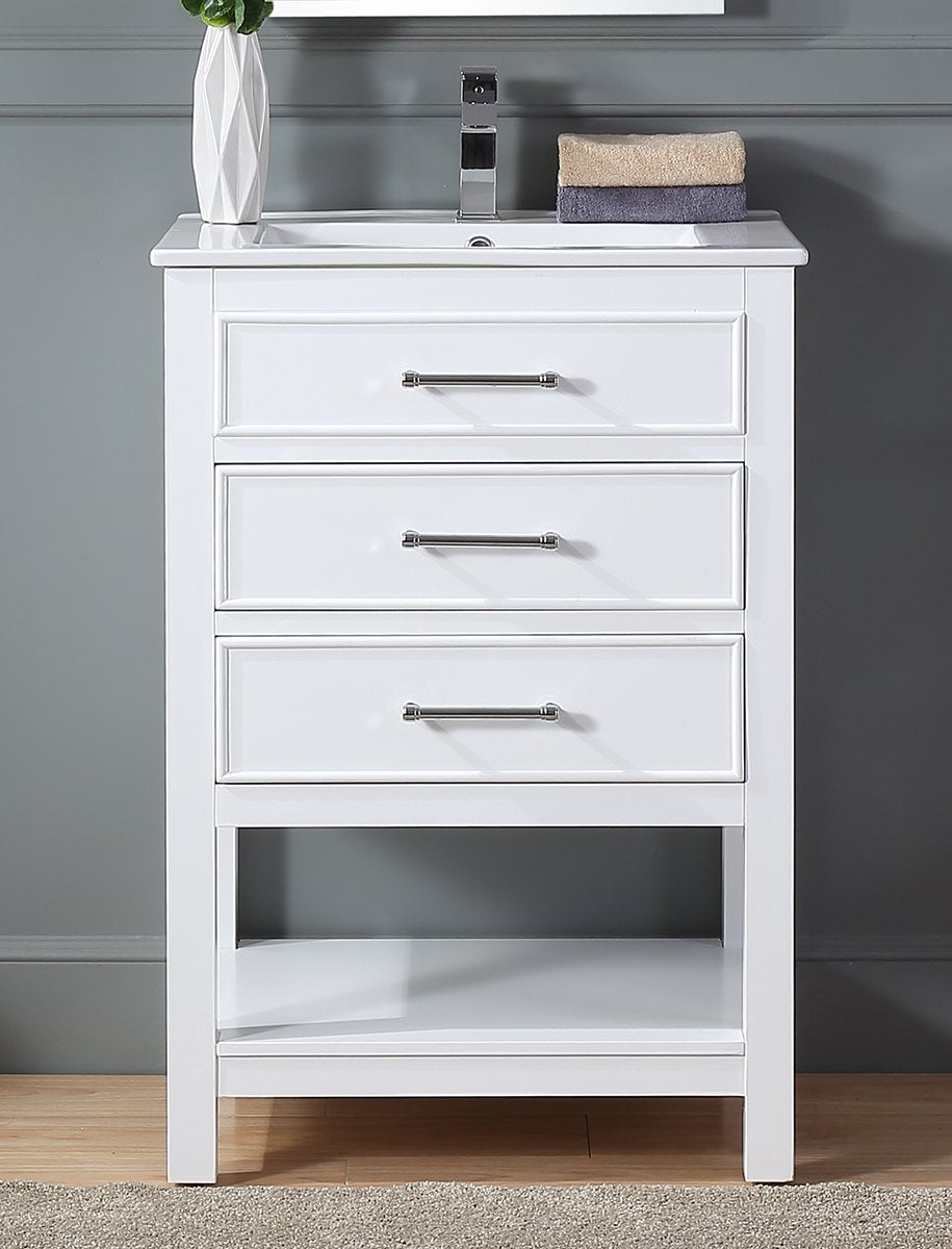 24 Inch Arruza White Narrow Bathroom Vanity with 2 Drawers and Open Sh ...