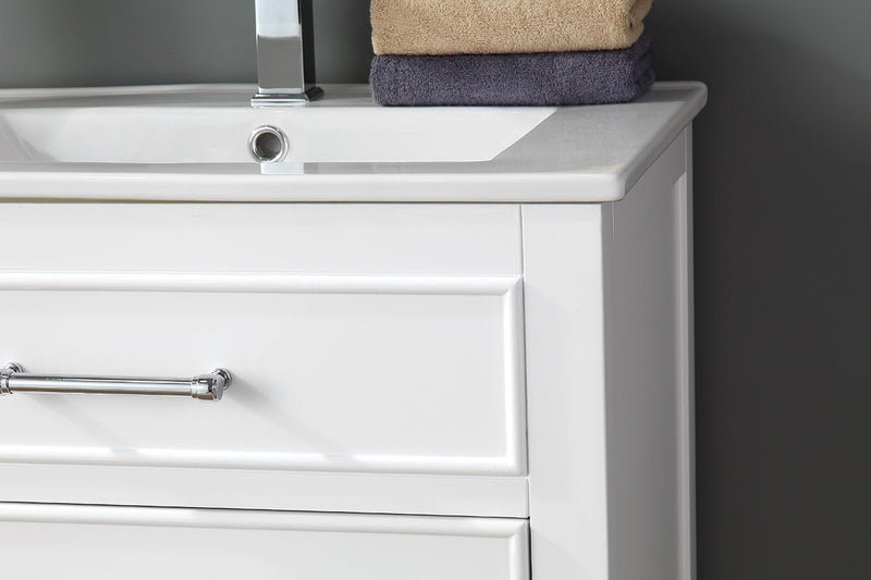 24 Inch Arruza White Narrow Bathroom Vanity with 2 Drawers and Open Shelf Tennant Brand Bathroom Vanities